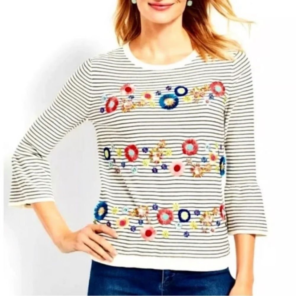 TALBOTS Floral Row Crewneck Stripes Embroidered Floral Sweater Multi-color Sz M
